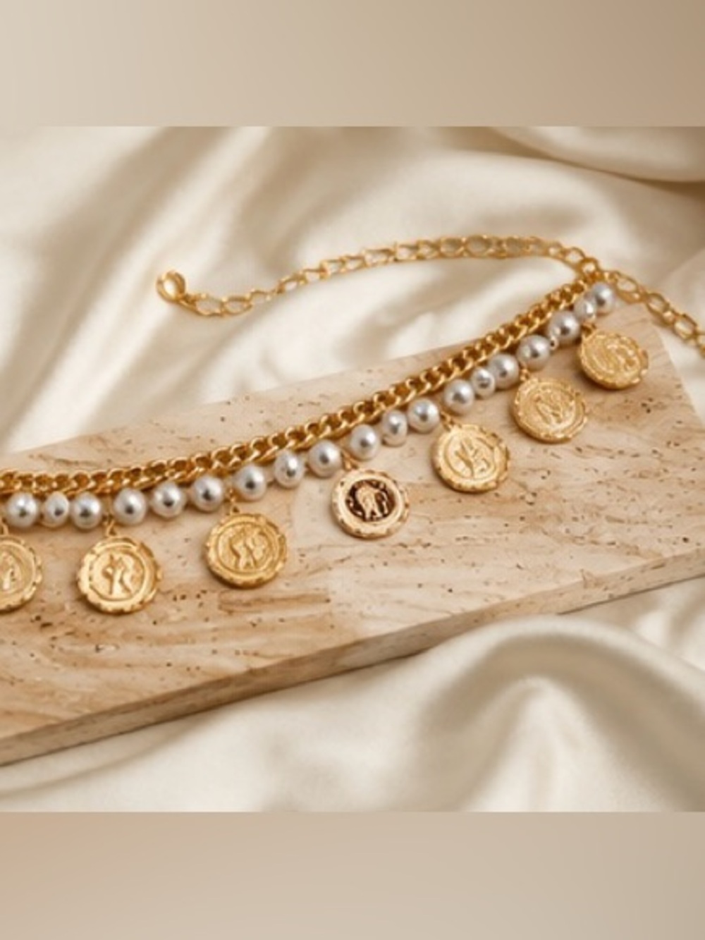 Gold Coin & Pearl Chain Waist Belt | Vintage Luxe Body Chain | Adjustable Boho - Picture 2 of 5
